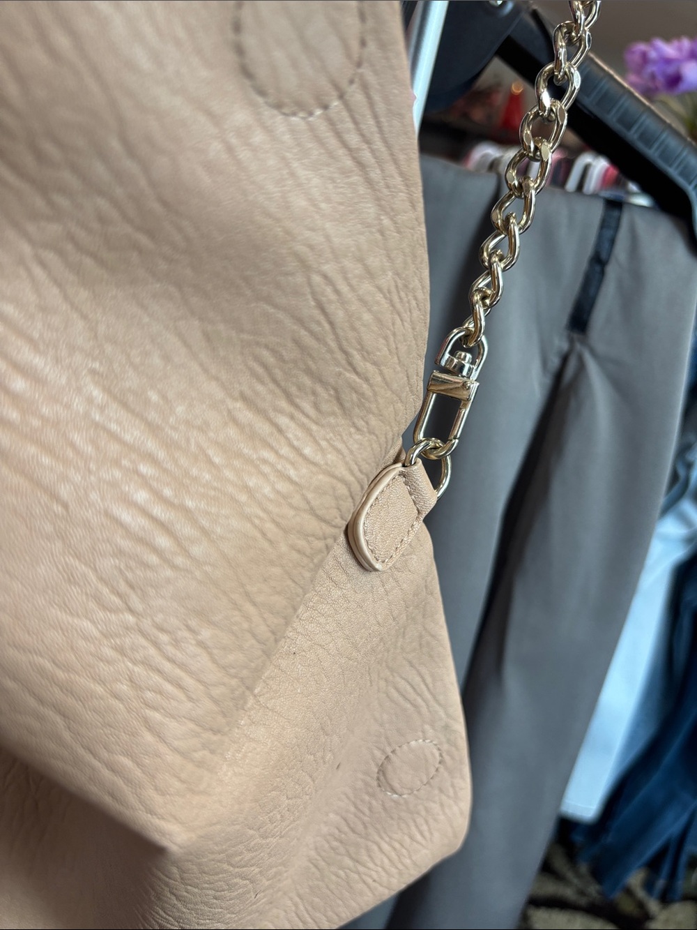 Express Beige Leather Fold-Over Clutch with Gold Chain - Picture 3 of 5